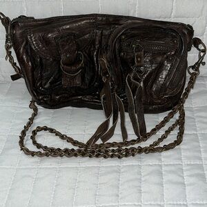 17-🇮🇹🇮🇹🇮🇹NWOT Espresso Brown Genuine Leather Organic Crossbody Bag w/Chain Strap